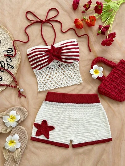 Soleia 女士夏季度假沙滩条纹海星装饰吊带上衣和短裤两件套