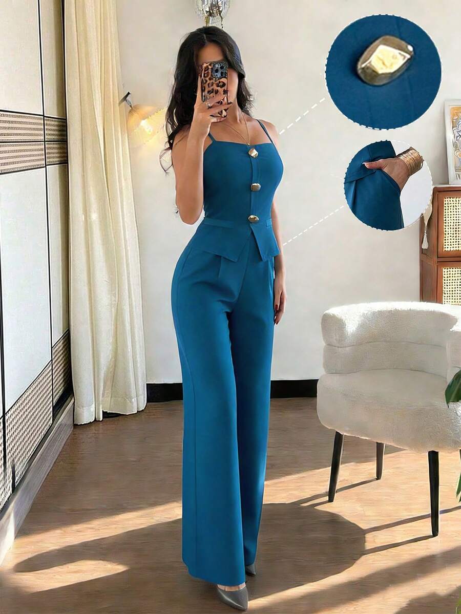 Rafferiza 2016春夏新款简约复古休闲通勤风无袖背心、高腰阔腿裤、纯色女式两件套 - 水鴨藍 - 查看 1