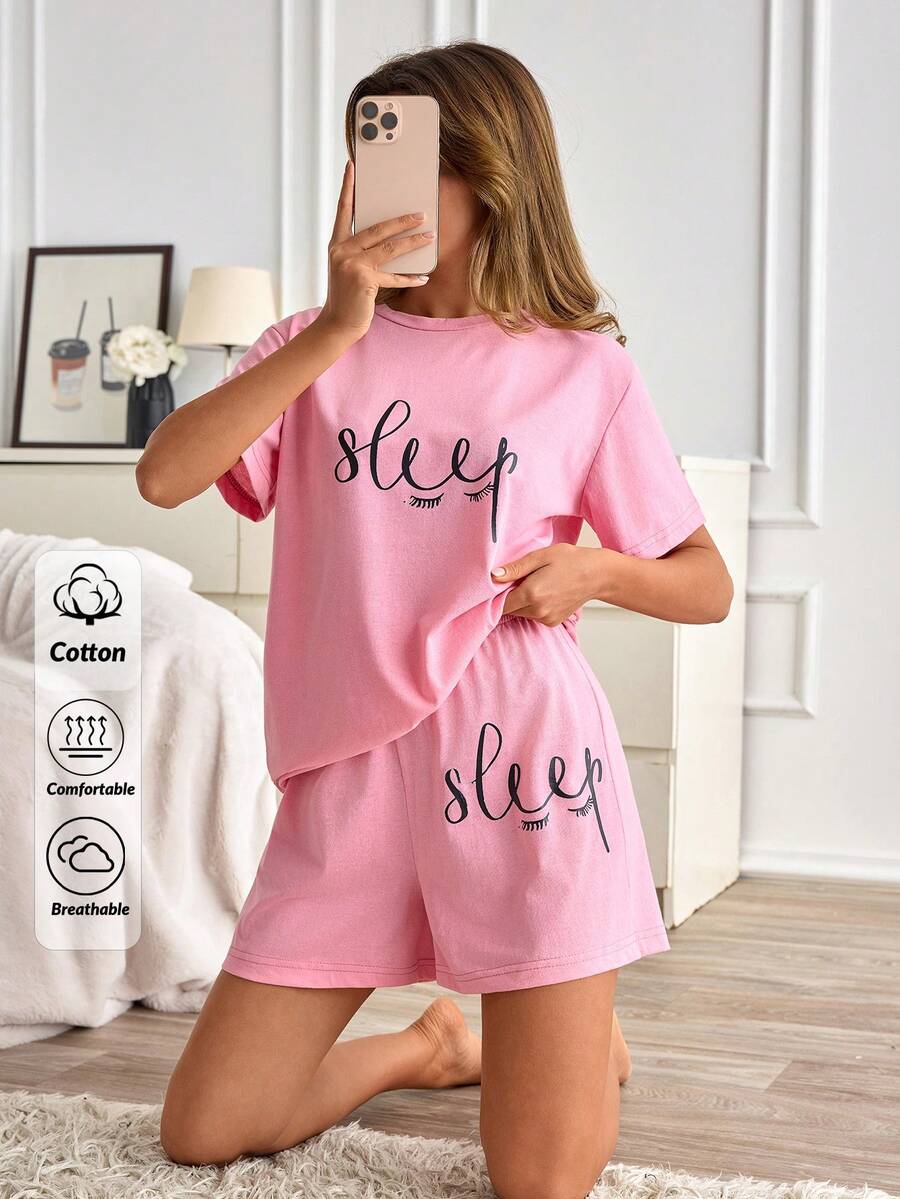 SHEIN Cotton Women 2 Pcs Pink Contrasy Colour Sleep Lettered Pattern Detail Top& Elastic Waist Solid Shorts Homewear Casual Pajama Sleep Lounge Set Loungewear Sleepwear Women Pajama Sets Short Cute Sleep Wear - Pink - View 1