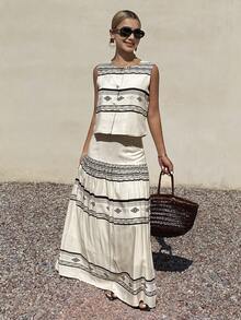 Livesso 春夏条纹几何花卉印花拼接无袖开衫上衣和A字裙套装，优雅百搭，适合通勤、度假、海滩、婚礼、情人节等场合。 - 米色 - 查看 2