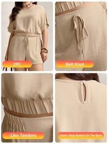 SHEIN LUNE Plus Size Solid Color Round Neck Short Sleeve Top And Knotted Shorts Casual 2pcs/Set For Summer - Apricot - View 10