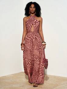 Zivah Mono informal de mujer con estampado todo sobre, con cuello halter y atar, adecuado para vacaciones y uso diario - Rojo - Ver 8