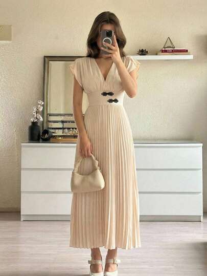 Firerie 女士优雅休闲新款时尚通勤日常 V 领纽扣高腰 A 字褶皱杏色长裙，夏季