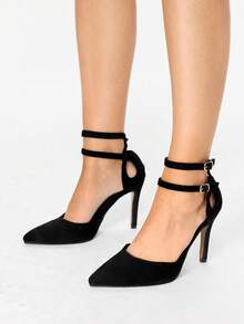 Glitzique 秋冬季女士高跟鞋，踝带镂空设计，优雅派对风，细高跟鞋 - 黑色 - 查看 6