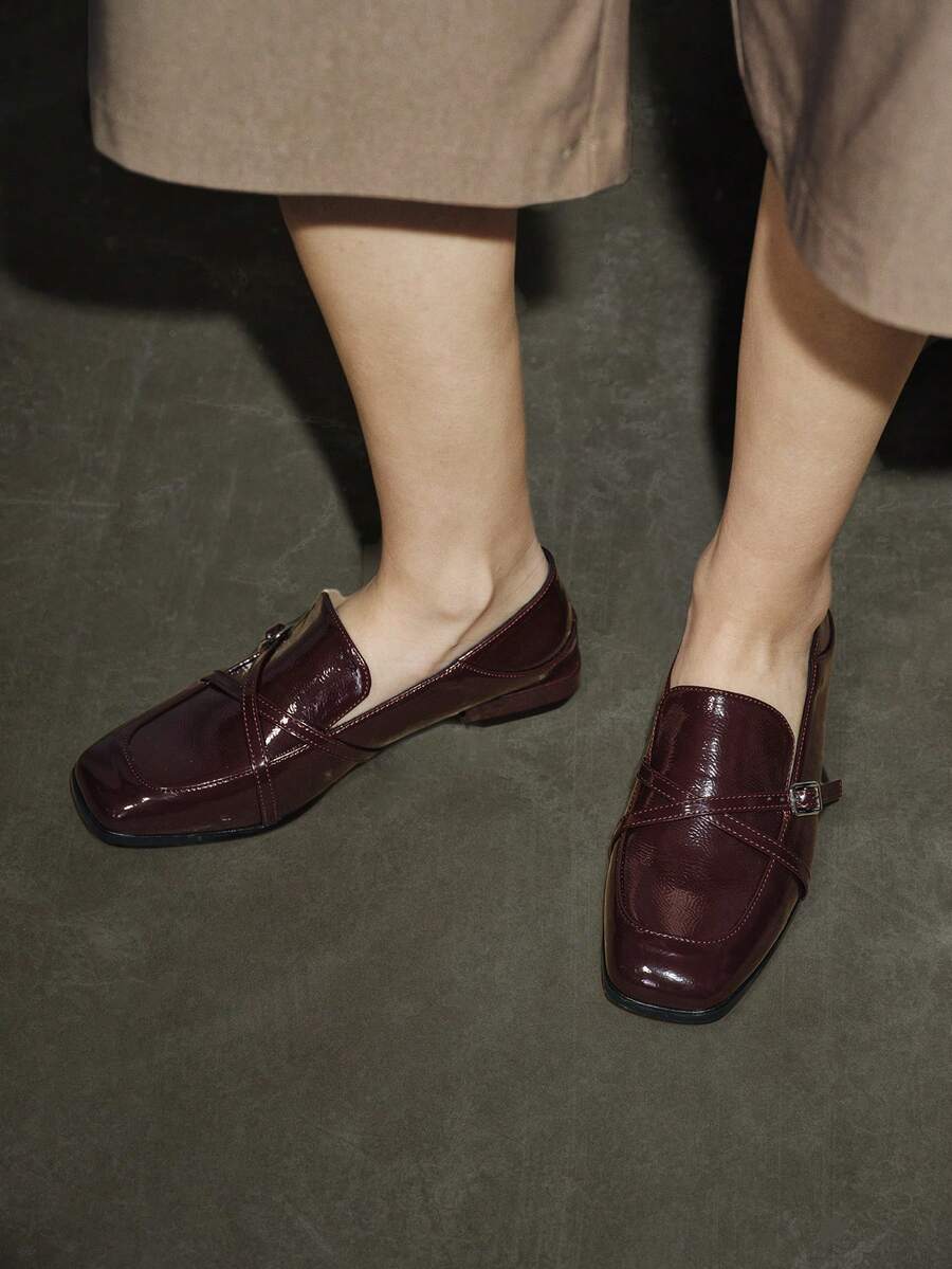 Bholvia Women's Metal Bit Decor Square Toe Block Heel, Retro, Patent Leather, Burgundy Loafers, Office Spring Shoes Summer Shoes
