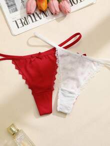 PetitDoll 3pcs/Set Celana Dalam Thong Wanita Motif Bunga Pita Patchwork Renda - MultiWarna - View 5
