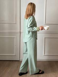 DAZY Women's Striped Drop Shoulder Long Sleeve Single-Breasted Top And Pants Pajama Set - Blue - View 2