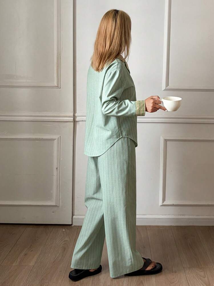 Fresh Green Striped Patchwork Women Pajama Set