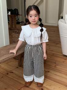 DAZY 女童格子蕾丝边休闲阔腿裤，夏季 - 黑與白 - 查看 5