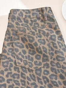 Comfortcana Women's Leopard Print Pocket Wide Leg Loose Casual Versatile Jeans - Brown - View 4