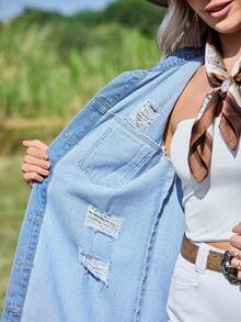 EMERY ROSE Women's Vacation Casual Washed Distressed Sleeveless Denim Jacket - Medium Wash - View 7