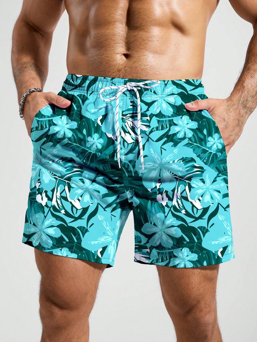 Manfinity KASUA Men's Tropical Plant Print Drawstring Waist Beach Shorts - Teal Blue - View 1