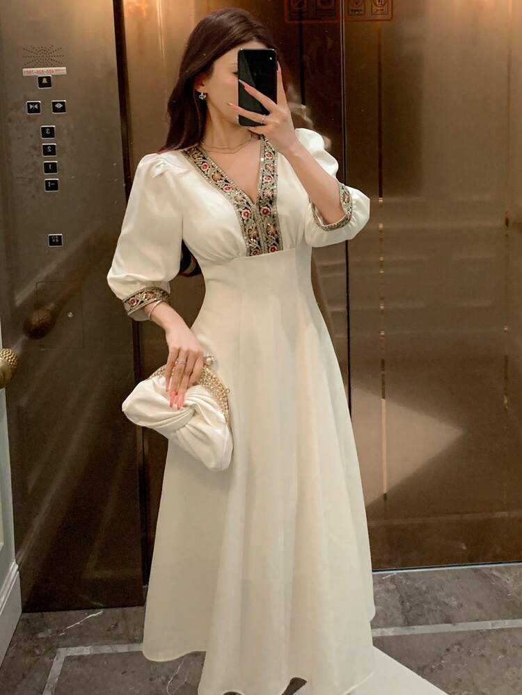 Women's Floral Print V-Neck Petal Sleeve Midi Dress Sundress