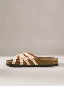 Solecia Women Shoes Spring And Summer New Woven Cross Belt Design Flat-Bottomed Vacation Leisure Style Woven Material Apricot Women's Slippers Daily Travel Seaside Vacation Wear - Apricot - View 3