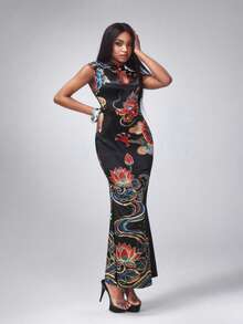 Y2Kool BiGraphic Vestido de sirena estilo cheongsam con estampado de dragón negro, loto oriental y flores chinas, vestido casual Y2K adecuado para fiestas, vacaciones, Año Nuevo y uso diario - Negro - Ver 3