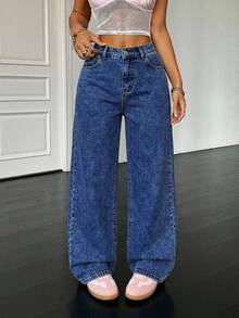 SHEIN PETITE 90年代小码穿搭，女士基础休闲宽松蓝色牛仔裤，蝴蝶结牛仔裤，返校季牛仔裤，韩版时尚，宽松女式牛仔裤，带蝴蝶结牛仔裤，高个女式牛仔裤 - 深色水洗藍 - 查看 4