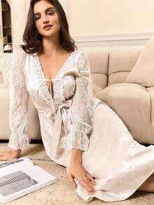 Mature Elegant Satin Rose Jacquard Deep V-Neck Ladies Nightgown - Baby Pink - View 6