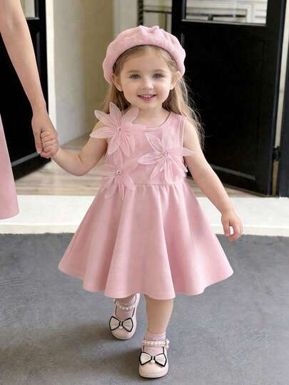 SHEIN Babygirl Elegant & Cute Floral Print Sleeveless Summer Dress, Pink