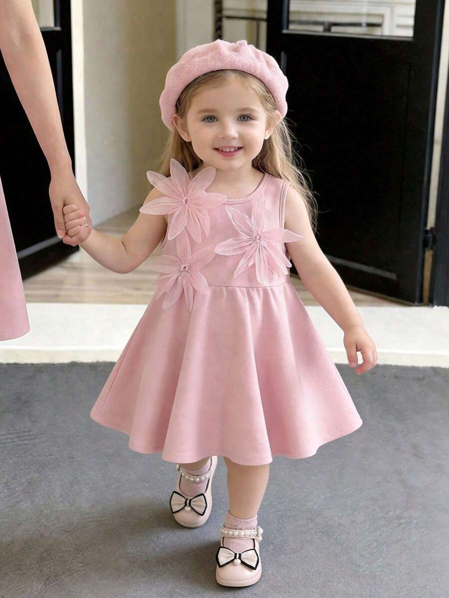 SHEIN Đầm hè không tay in hoa thanh lịch và dễ thương cho bé gái, màu hồng. - Hồng - Xem 1