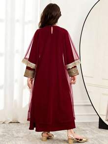 SHEIN 少女金色丝带撞色网纱开衫和V领连衣裙两件套 - 酒紅色 - 查看 3