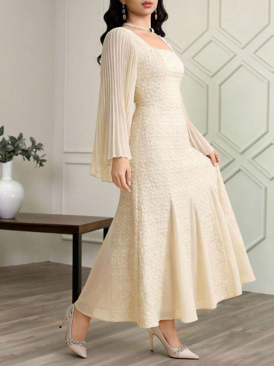 Feyla Women's Jacquard Pleated Elegant Waist Cinched Long Party Dress - Apricot - View 1