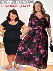SHEIN CURVE+ 大码女士优雅连衣裙，适合工作、夏季穿着，网纱面料，弹力十足，短袖，长款，职业女性夏季服装套装 - 彩色 - 查看 12