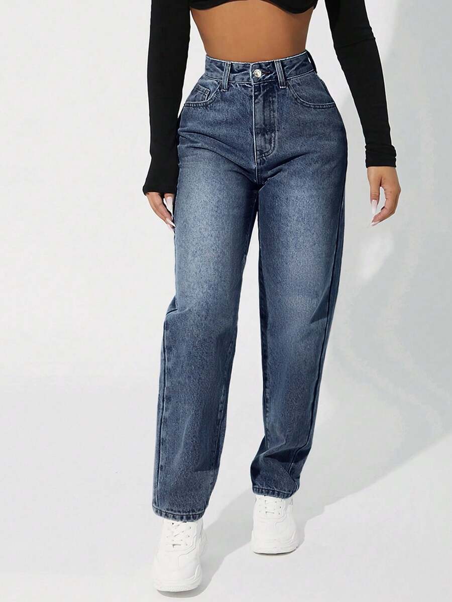 SHEIN PETITE Quần jeans nữ cạp cao, có túi, ống côn, kiểu dáng thường ngày, đa năng. - Màu xanh lam - Xem 1