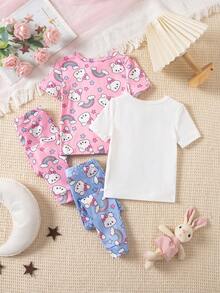 4pcs Baby Girl Knitted Round Neck Short Sleeve Top And Allover Print Pants Set, Casual Snug Fit Pajamas Homewear - Multicolor - View 2