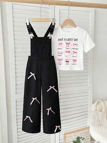 SHEIN ChillGRL 2pcs/Set Tween Girls' Crew Neck Fitted Short Sleeve Bow Print T-Shirt And Letter Print Suspender Pants Set - Black - View 2