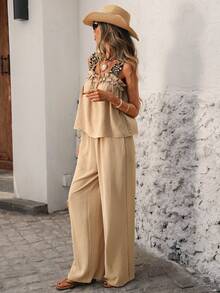 Brillora 女士休闲优雅浪漫豹纹拼接无袖上衣和裤子套装，春夏款 - 杏色 - 查看 12