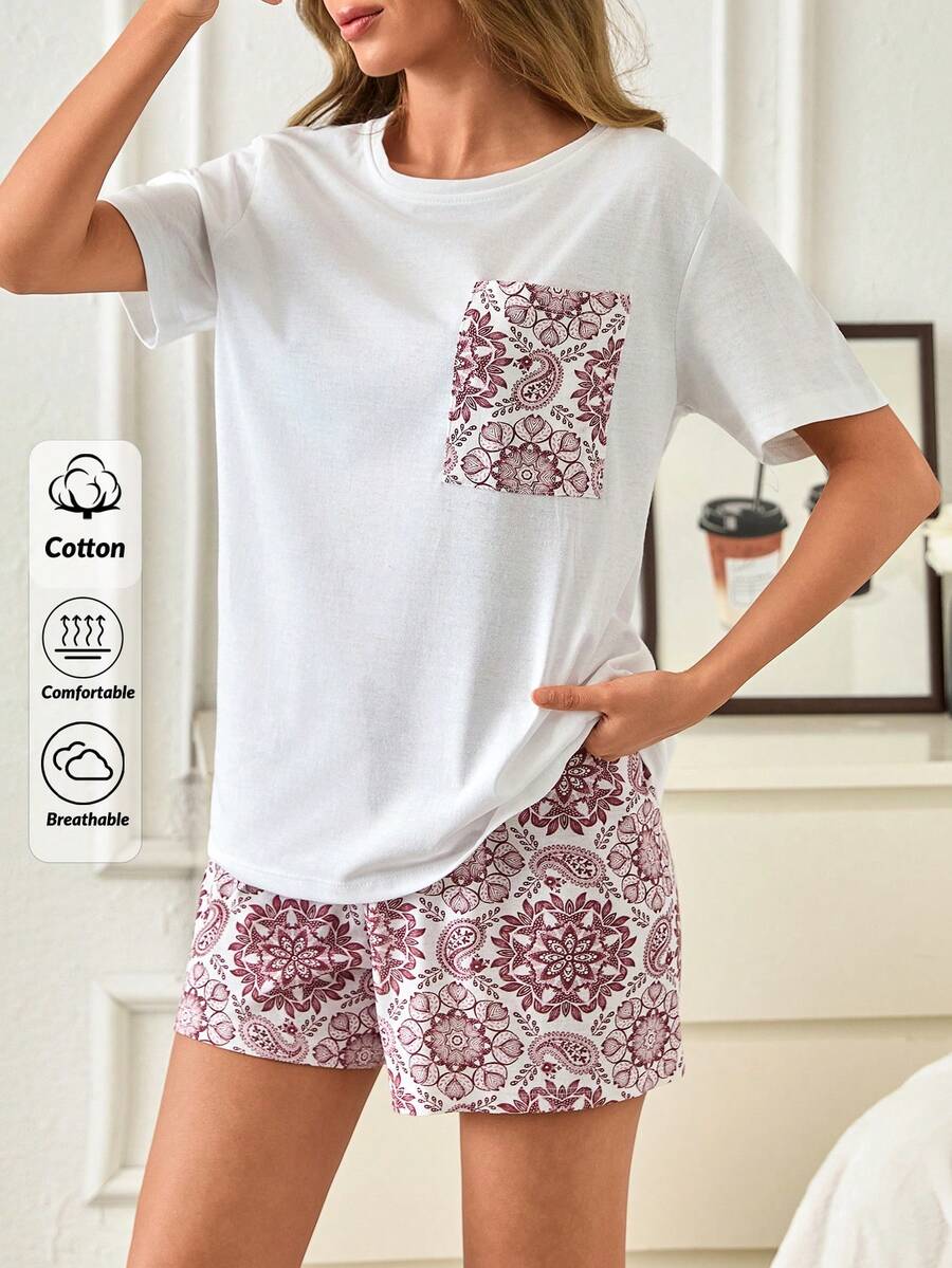 SHEIN Bộ đồ mặc nhà 2 mảnh chất liệu 100% cotton, họa tiết Paisley dễ thương, có túi. - Màu Đỏ Sâu - Xem 1