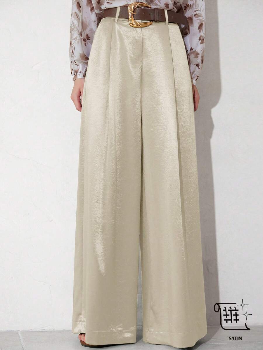 Aveloria Modichic 女士优雅宽松飘逸长裤，配皮带，修饰腿型，适合通勤 - 米色 - 查看 1