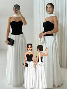 Firerie 女士新款黑白撞色扭结抹胸长裙，超大荷叶边下摆和领口系带，浪漫伴娘礼服，适合婚礼、正式场合、通勤、约会、毕业典礼等。 - 黑與白 - 查看 3