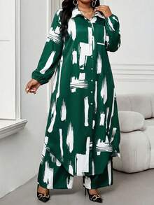 SHEIN Lady Chemise tressée élégante et décontractée à manches évêque avec poches, manches longues, grande taille, convient pour le printemps, l'été, l'automne et l'hiver. Tenue de bureau élégante pour les navetteurs, grande taille. Vêtements d'été pour femmes, tenue de vacances. Tenue de vacances pour femmes en deux pièces. Vêtements d'été, tenue de printemps pour femmes. Ensembles de sport pour femmes, tenues décontractées pour femmes en 2 pièces - Vert - Voir 3
