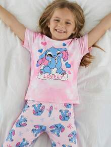 SHEIN 2件套少女针织圆领可爱动物图案休闲T恤和裤子家居服套装 - 淺粉色 - 查看 4