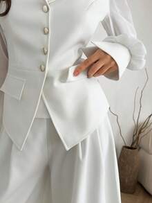 EURMUSE Women Spring Summer Suit Set Regular Fit Long Length Pant Wide Leg Elegant White Two Pieces Suit Set Blazer High-Waist Pants Office Guest Outfit - White - View 7