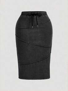 SHEIN MOD 大码女式抽绳腰休闲铅笔牛仔迷你裙 - 黑色 - 查看 1