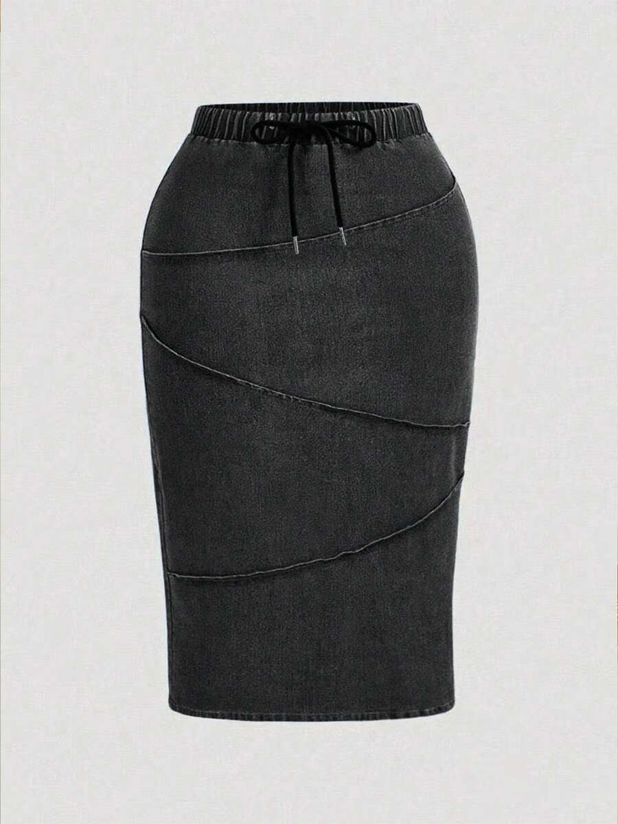 SHEIN MOD 大码女式抽绳腰休闲铅笔牛仔迷你裙 - 黑色 - 查看 1