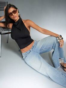 Denimoi Top halter de cuello alto y espalda abierta, tops sexy para citas y salidas con amigas - Negro - Ver 3