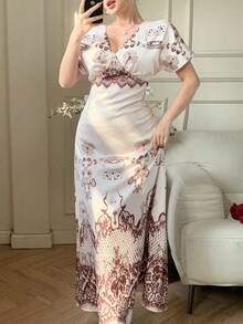 DAZY Spring & Summer Brown Lace Patchwork Floral & Geometric Print Dress, Suitable For Valentine's Day, Wedding, Party, Formal Occasion, Fashion Event, Elegant Commute, Waist-Cinched A-Line Midi Dress, Vacation Chic Sundress - Beige - View 4