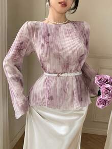 DAZY Áo thun nữ cổ tròn in họa tiết retro Pháp, tay loe, dáng ôm. - Màu Hồng baby - Xem 5