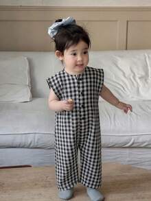 DAZY Baby Girls' Plaid Linen Sleeveless Jumpsuit, Korean Style Loose Jumpsuit - Black and White - View 5