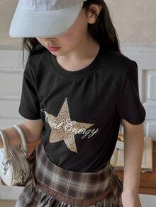 Dazy Kids Tween Girl Letter, Leopard Print, Star Graphic Round Neck Short Sleeve Casual T-Shirt - Black - View 6