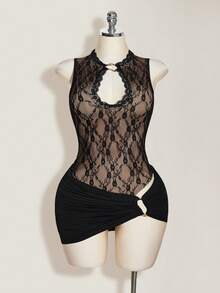 SHEIN ICON Conjunto de 2 piezas de mujer: Mono sexy con recortes de encaje y minifalda fruncida, para verano - Negro - Ver 7