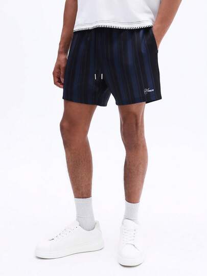 SUMWON Men's Navy Striped Drawstring Casual Shorts With Side Pockets Script Logo Summer Beach Vacation Swim Shorts Relaxed Fit