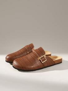Solecia Sandal Selop Setengah Tertutup Wanita Terbaru, Bahan PU, Sepatu Nyaman, Kasual dan Serbaguna untuk Perjalanan Sehari-hari - Oak Coklat - View 6