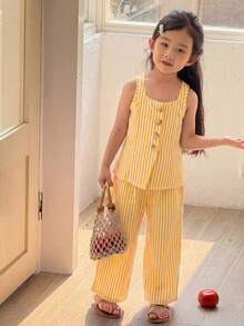SHEIN 女童条纹印花方领背心和裤子休闲套装 - 黃色 - 查看 7