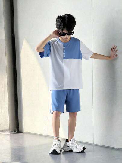 Vacaura 2pcs/Set Boys Casual Contrast Color Patchwork Letter "NEW YORK" Decor Design Comfortable T-Shirt Set, Suitable For Daily Commute & Leisure Wear