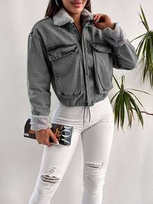 EURMUSE 100%Cotton Fuzzy Collar Flap Pocket Drop Shoulder Denim Jacket - Grey - View 6