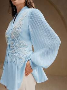 Anewsta Áo khoác dài tay cổ chữ V thắt eo, đính ngọc trai trắng, họa tiết hoa, thanh lịch, lãng mạn. - Màu xanh lam - Xem 3